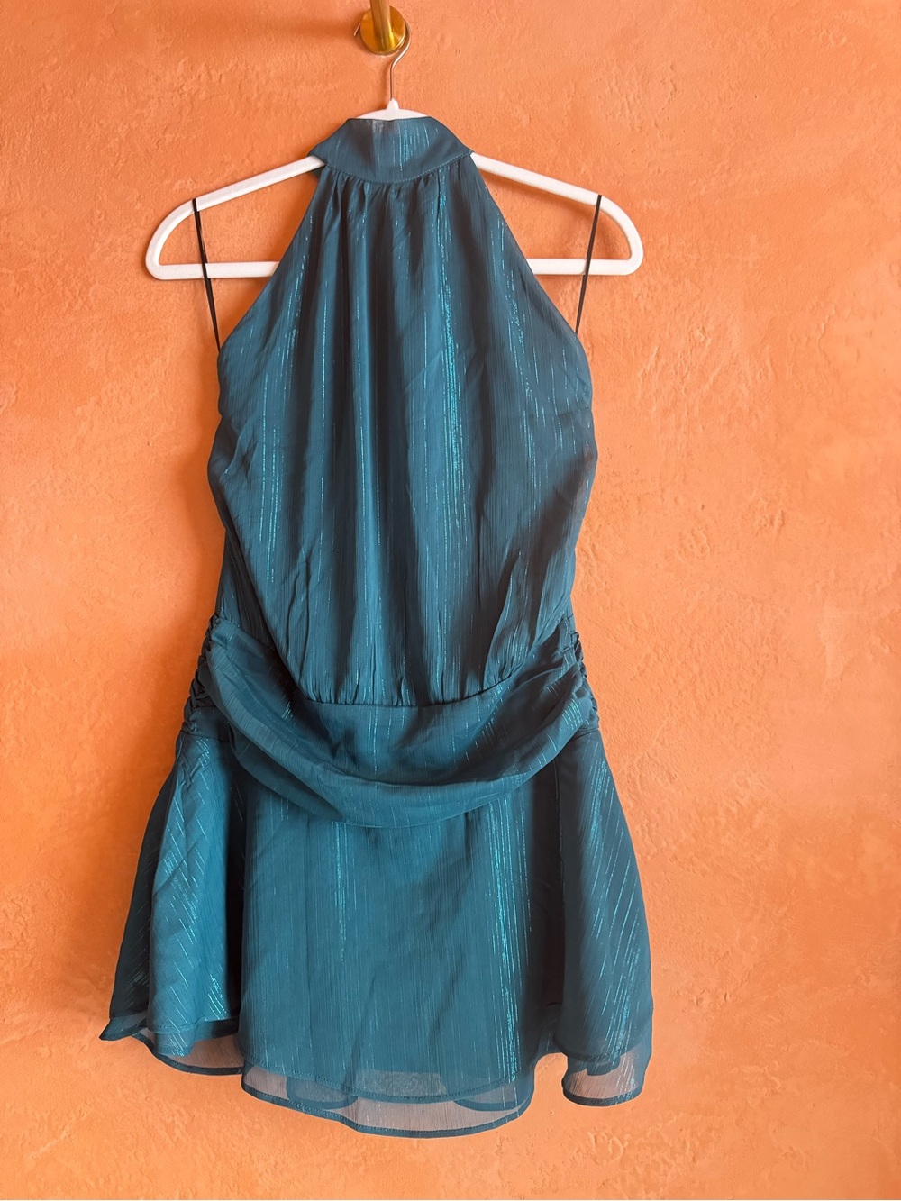 Luvalot NWT Teal Metallic Halter Draped Mini Dress Size 4